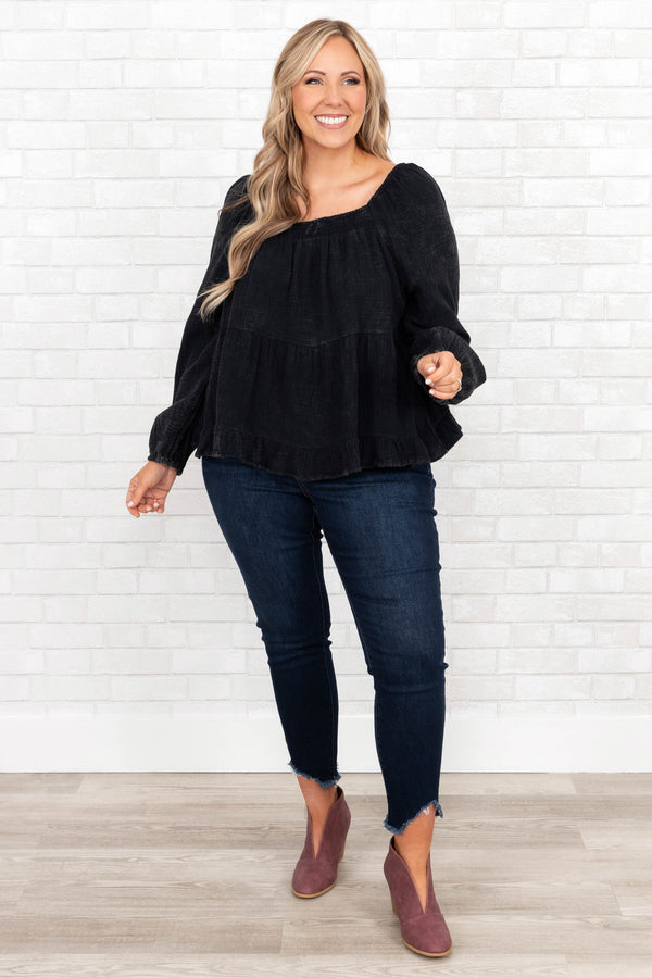 Chic Soul plus size clothing, black long sleeve top with square neckline