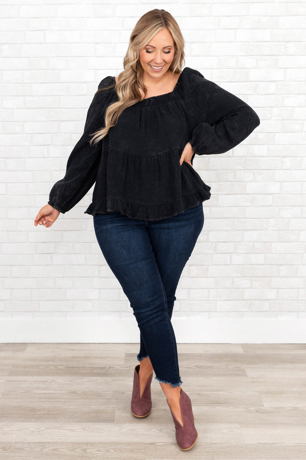 Chic Soul plus size clothing, black long sleeve top with square neckline