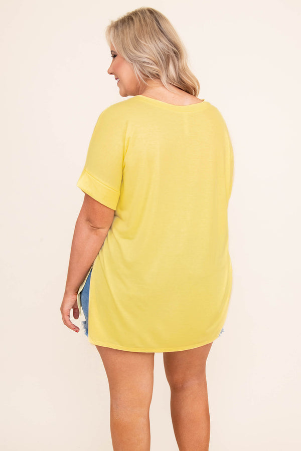 Chic Soul plus size clothing, yellow flowy short sleeve top with cuffed sleeves