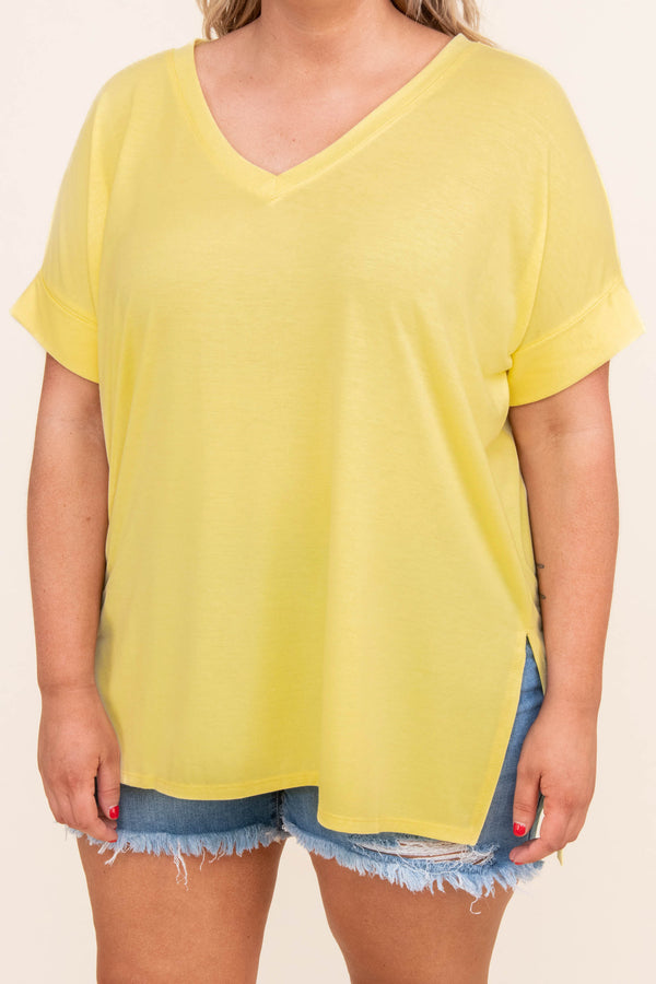 Chic Soul plus size clothing, yellow flowy short sleeve top with cuffed sleeves