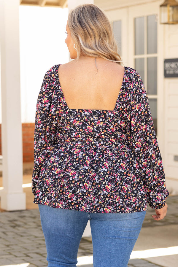 Chic Soul plus size clothing, black square neck long bubble sleeve floral pattern babydoll top