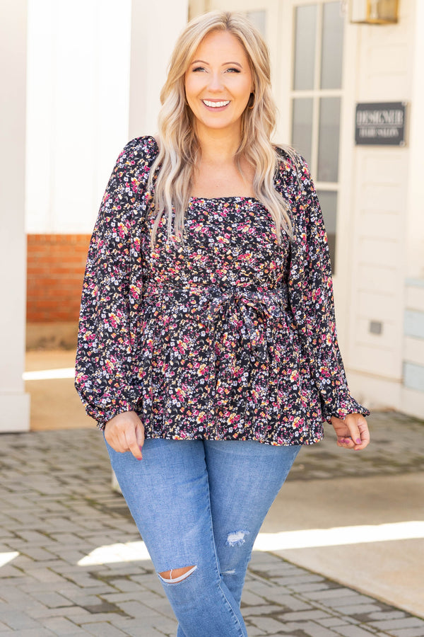 Chic Soul plus size clothing, black square neck long bubble sleeve floral pattern babydoll top