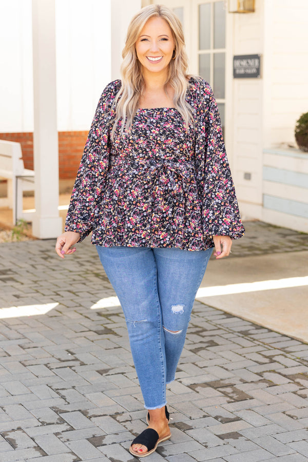 Chic Soul plus size clothing, black square neck long bubble sleeve floral pattern babydoll top