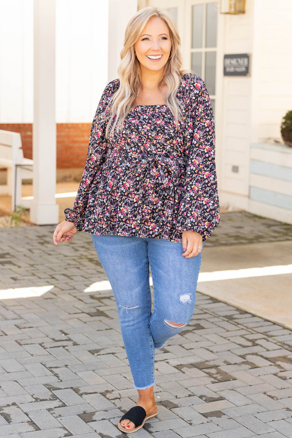 Chic Soul plus size clothing, black square neck long bubble sleeve floral pattern babydoll top