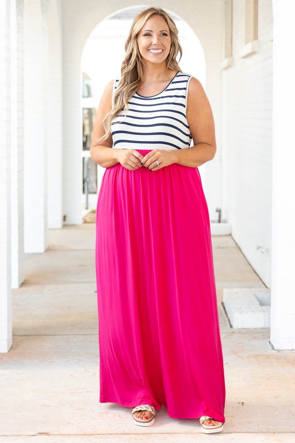 Chic Soul plus size clothing, fuchsia maxi dress with striped top portion