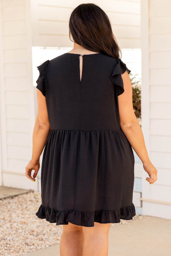 Chic Soul plus size clothing, black solid short flutter sleeve babydoll dress
