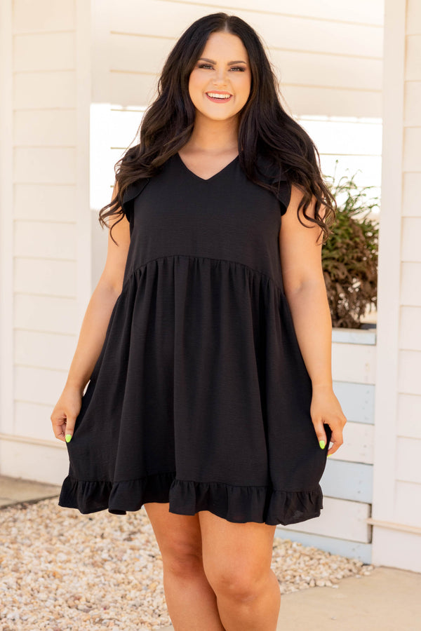 Chic Soul plus size clothing, black solid short flutter sleeve babydoll dress