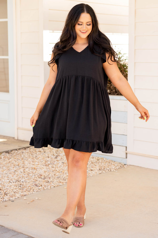 Chic Soul plus size clothing, black solid short flutter sleeve babydoll dress