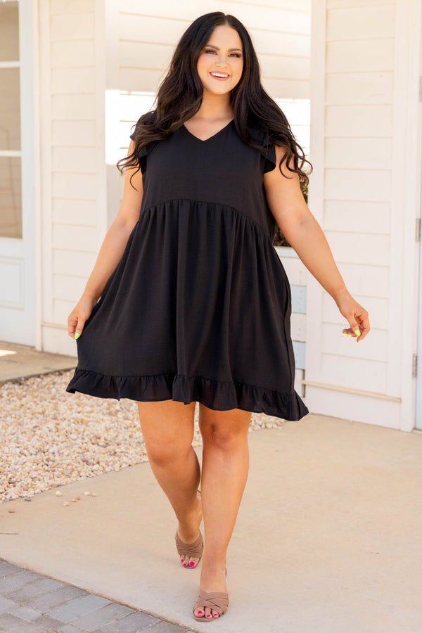 Chic Soul plus size clothing, black solid short flutter sleeve babydoll dress