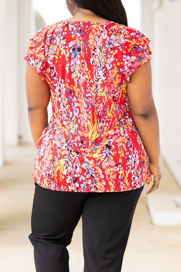 Chic Soul plus size clothing, red multicolor floral pattern top with flutter sleeves