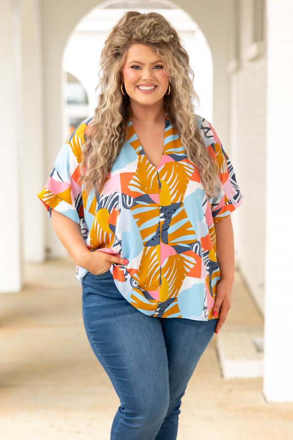 Chic Soul plus size clothing, multicolor abstract pattern blouse with a v neck