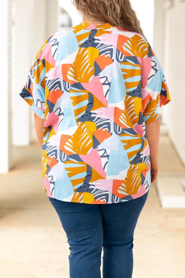 Chic Soul plus size clothing, multicolor abstract pattern blouse with a v neck