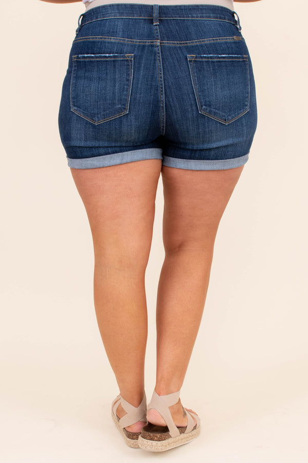 shorts, cuffed, denim, dark blue, faded