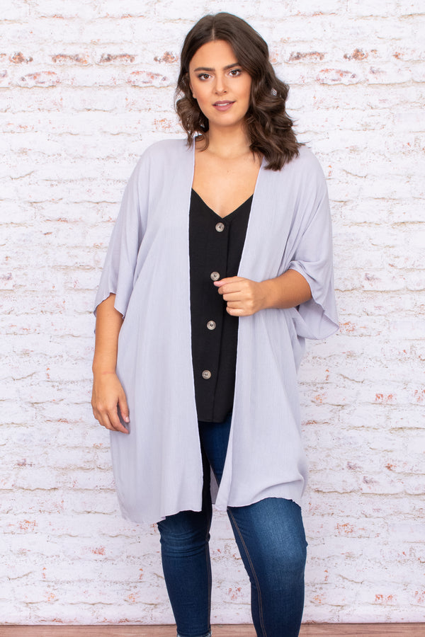 grey, open front, short sleeve, kimono, long, above the knee, solid, neutral