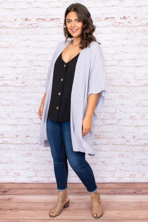 grey, open front, short sleeve, kimono, long, above the knee, solid, neutral