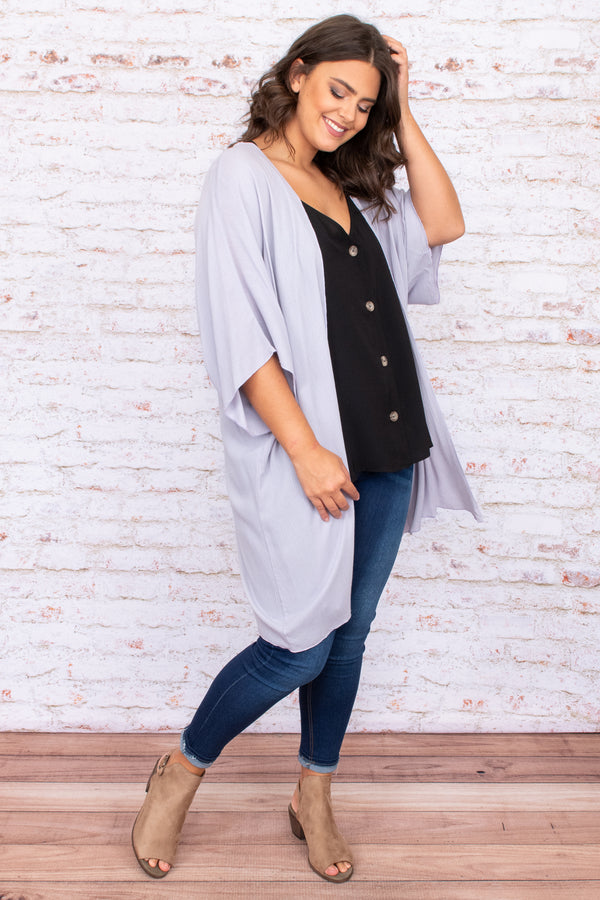 grey, open front, short sleeve, kimono, long, above the knee, solid, neutral