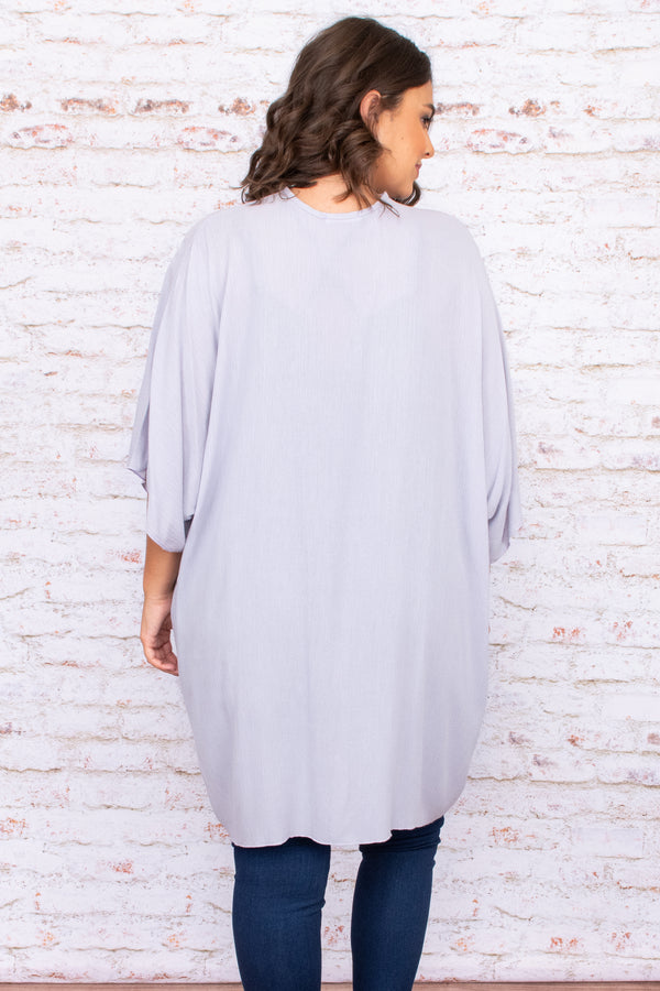 grey, open front, short sleeve, kimono, long, above the knee, solid, neutral