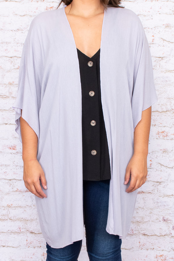 grey, open front, short sleeve, kimono, long, above the knee, solid, neutral