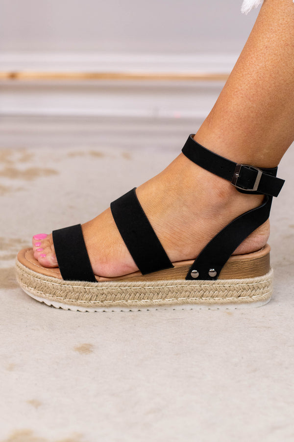 sandals, platform, rope sole, open toed, open heel, ankle strap, double foot straps, black