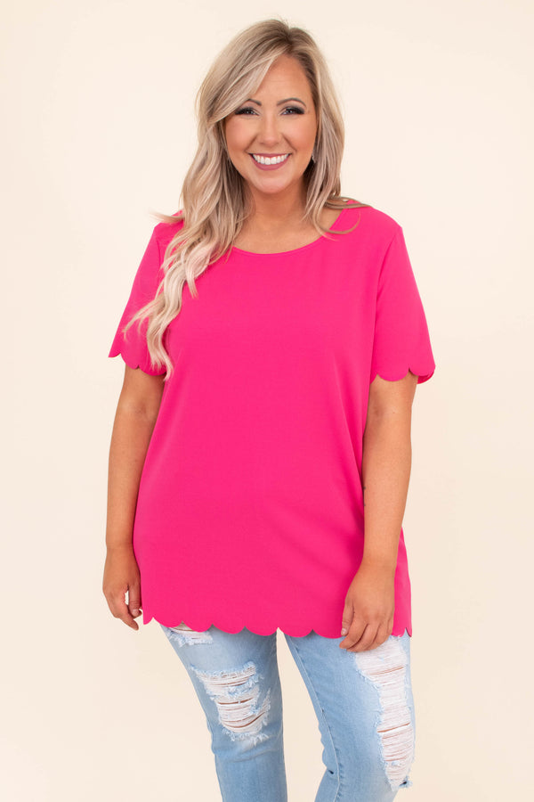 shirt, short sleeve, scalloped hem, bright, hot pink, long, scoop neck, spring, summer, comfy