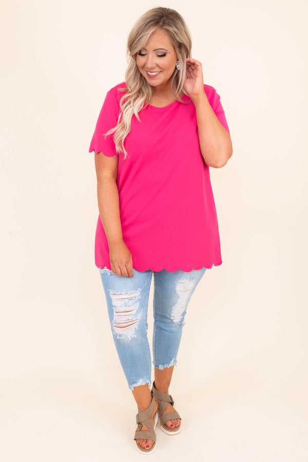 shirt, short sleeve, scalloped hem, bright, hot pink, long, scoop neck, spring, summer, comfy