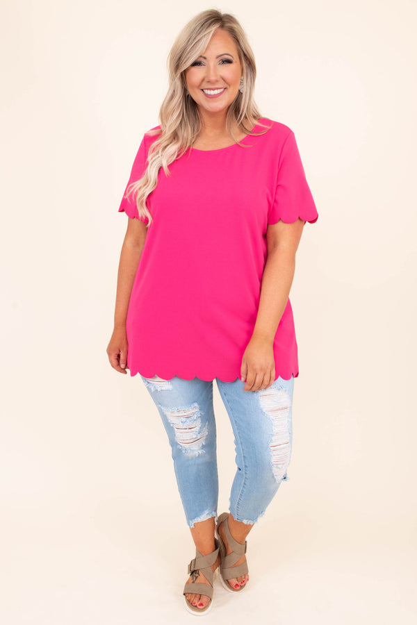 shirt, short sleeve, scalloped hem, bright, hot pink, long, scoop neck, spring, summer, comfy