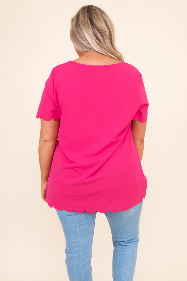 shirt, short sleeve, scalloped hem, bright, hot pink, long, scoop neck, spring, summer, comfy