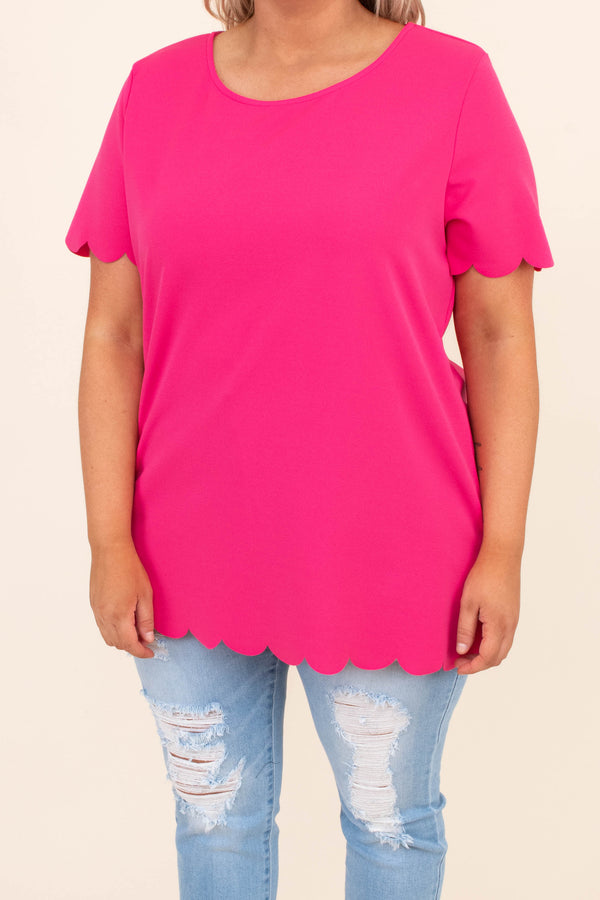 shirt, short sleeve, scalloped hem, bright, hot pink, long, scoop neck, spring, summer, comfy