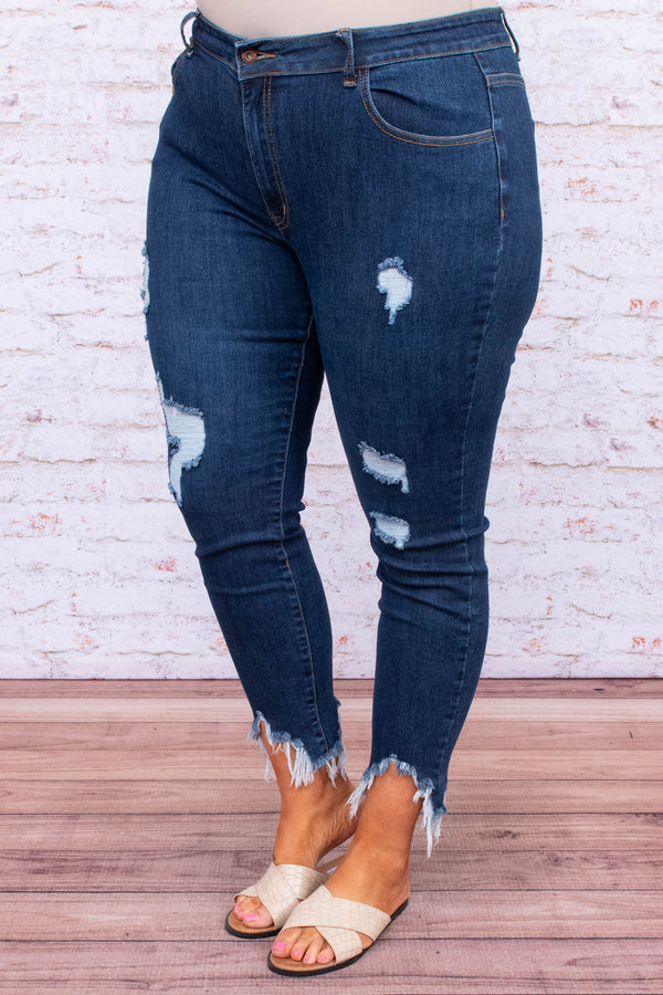 jeans, skinny, cropped, ripped hems, dark blue, ripped