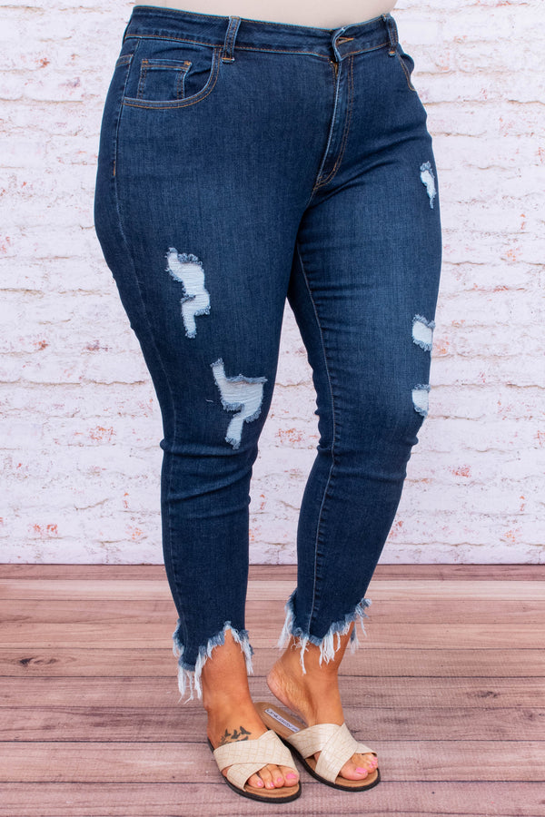jeans, skinny, cropped, ripped hems, dark blue, ripped