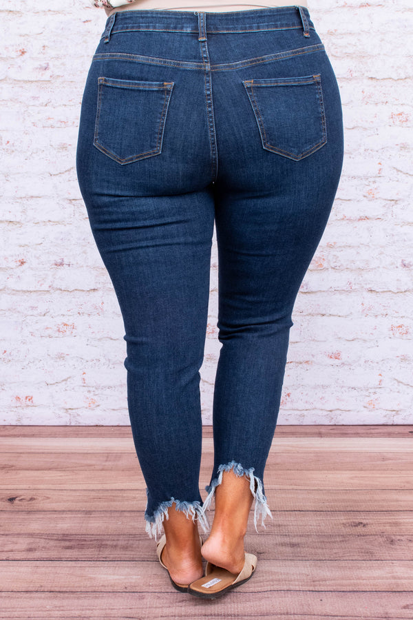 jeans, skinny, cropped, ripped hems, dark blue, ripped