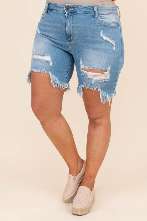 shorts, denim, jeans, bluw, light wash, distressed, ripped, frayed hem, above the knee