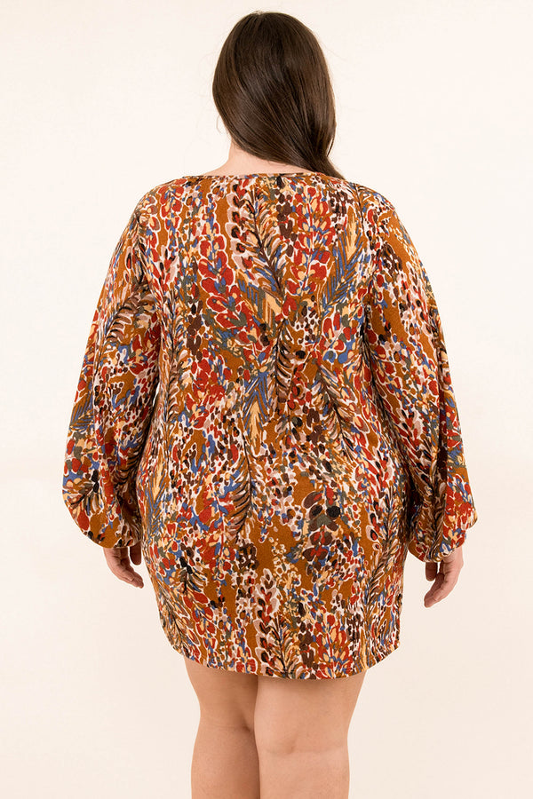 Chic Soul plus size clothing, bubble long sleeve dress in mustard with blue, black, and red floral pattern