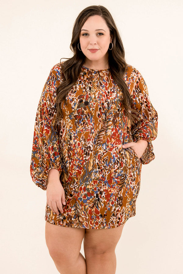 Chic Soul plus size clothing, bubble long sleeve dress in mustard with blue, black, and red floral pattern