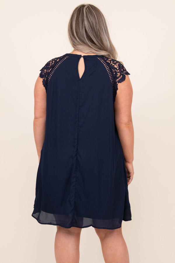 dress, casual, blue, navy, lace, short sleeve