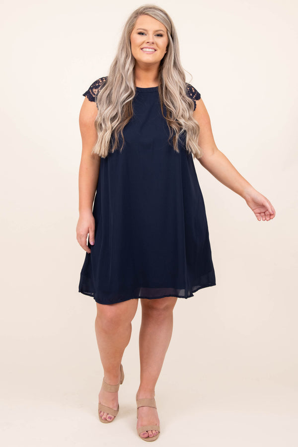 dress, casual, blue, navy, lace, short sleeve