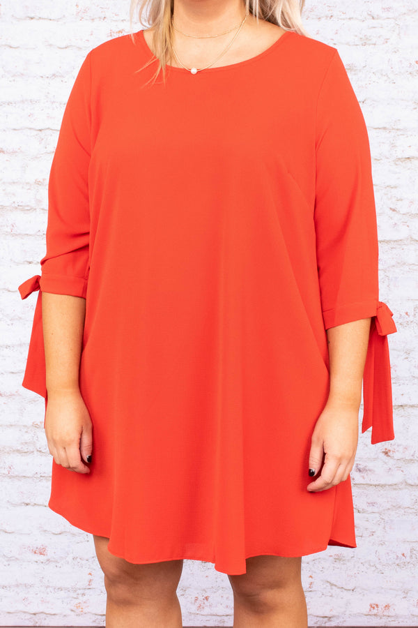 dress. three quarter sleeve, rust, tie sleeve, flowy