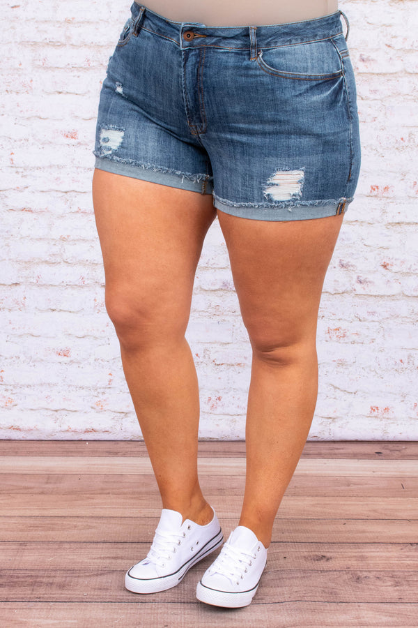 shorts, denim, medium wash, stressed, cuffed hem