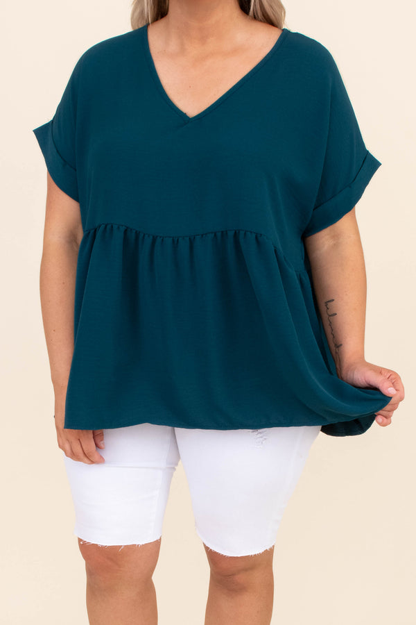 shirt, top, baby doll, short sleeve, teal, v neck, loose, comfy