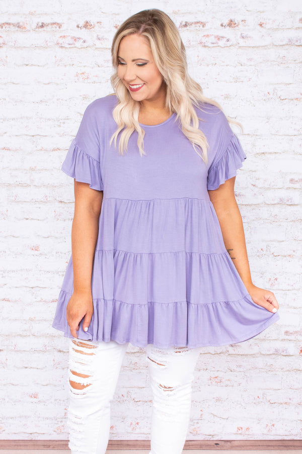 shirt, top, short sleeve, baby doll, loose, comfy, ruffle sleeves, lavender, purple