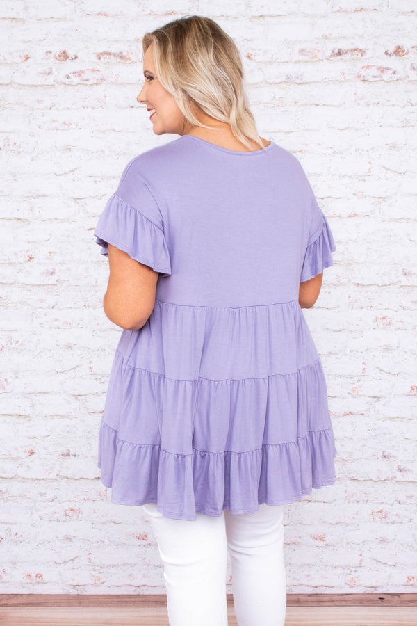 shirt, top, short sleeve, baby doll, loose, comfy, ruffle sleeves, lavender, purple