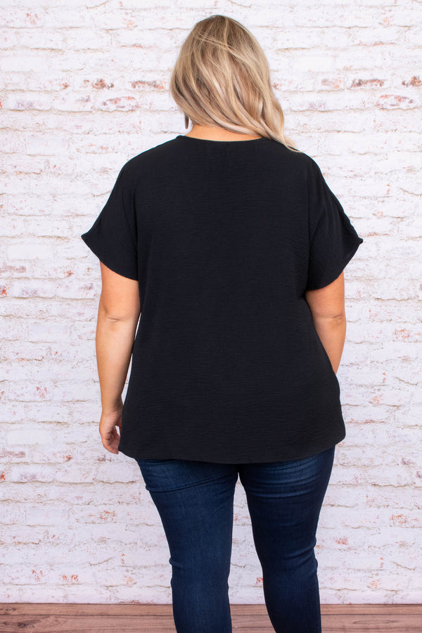 shirt, top, tie top, tied waistline, black, v neck, short sleeve