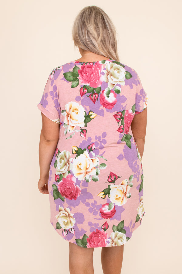 pre-cuffed sleeves, flowy, blush, floral, print, short, above the knee, dress, short sleeve, v neck, purple, pink