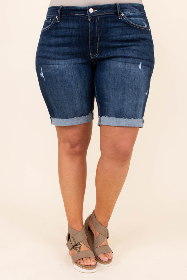 bottoms, shorts, denim, dark wash, distressed, cuffed bottom, knee length