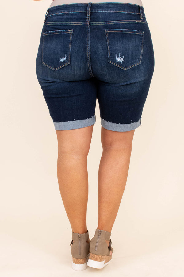 bottoms, shorts, denim, dark wash, distressed, cuffed bottom, knee length