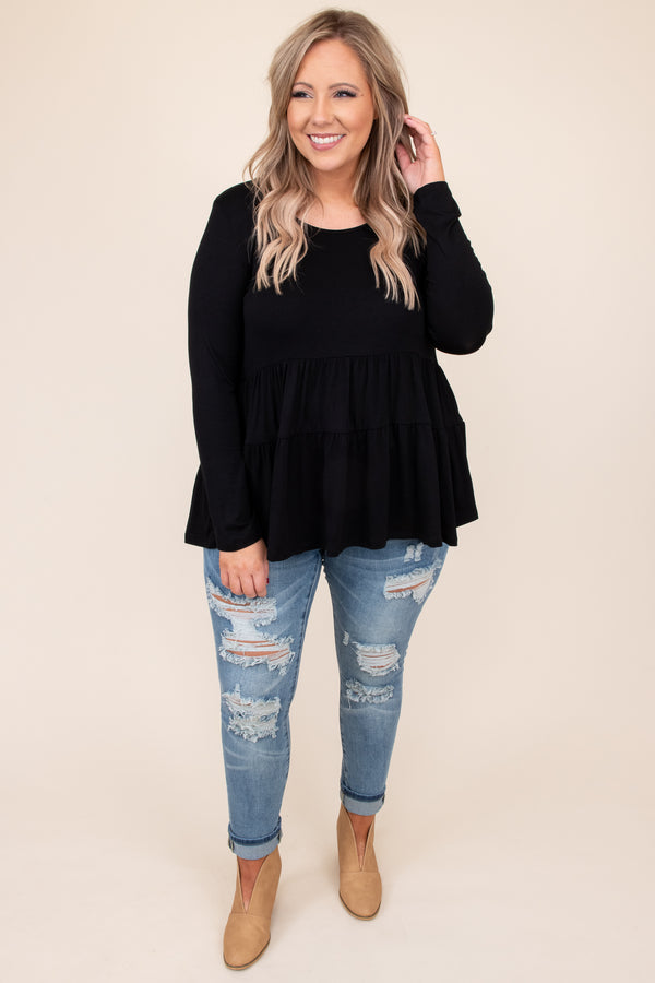 top, basic top, babydoll top, black, solid, long sleeve, ruffle