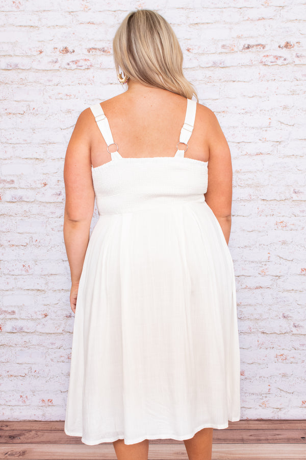 midi, dress, solid, white, buttons, sleeveless, flowy, figure flattering, bow