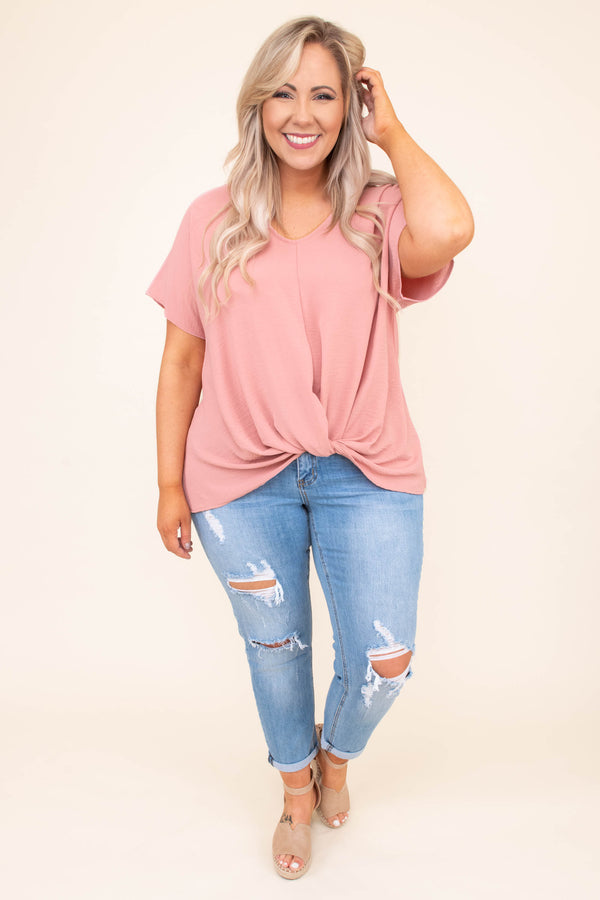 blouse, short sleeve, vneck, center stitching, twist hem, short, longer back, mauve, comfy, spring, summer