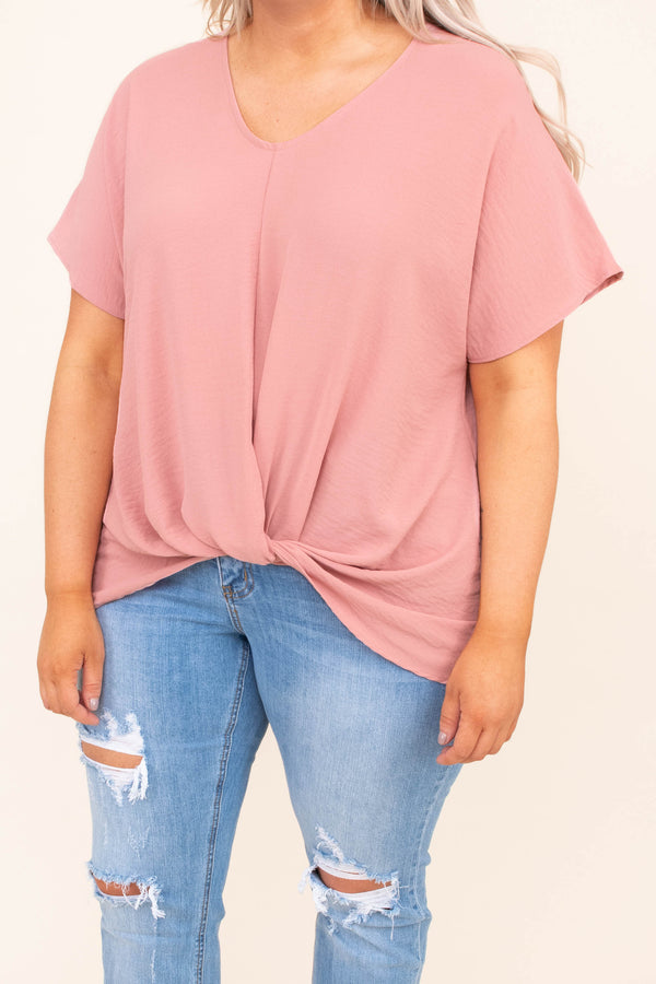 blouse, short sleeve, vneck, center stitching, twist hem, short, longer back, mauve, comfy, spring, summer
