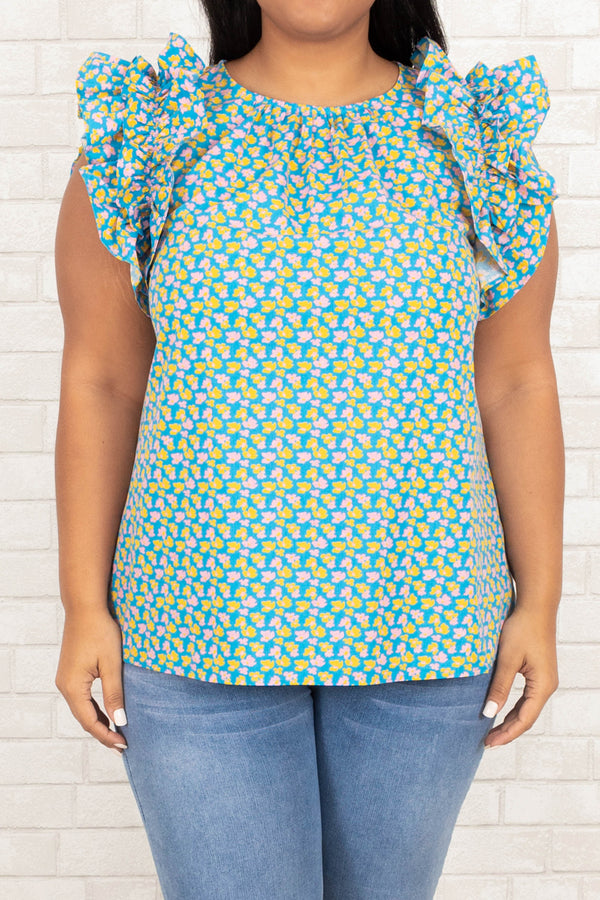 Chic Soul plus size clothing, blue patterned top with ruffle sleeves